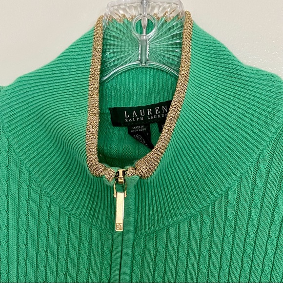 Ralph Lauren Cable Knit Zip Cardigan Sweater  Green Gold Trim Collar Vintage XL - Picture 9 of 10